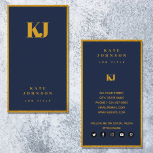Elegant Navy Blue Gold Monogram Initials Business Card