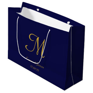 Elegant Navy Blue & Gold Monogram Name Wedding  Large Gift Bag