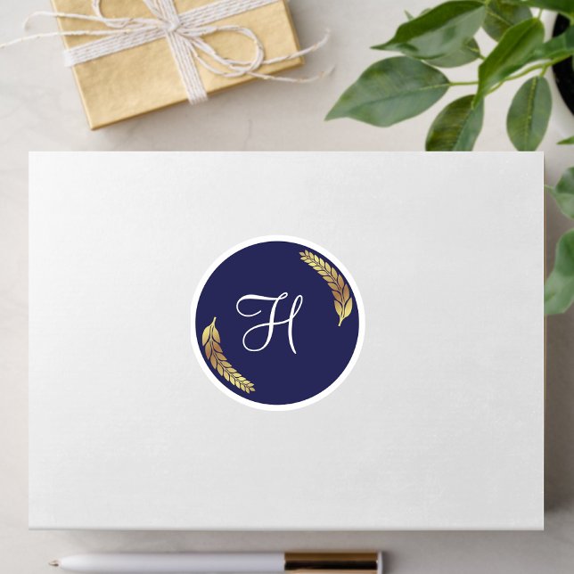 Elegant Navy Blue & Gold Monogram (Personalise) Classic Round Sticker (Creator Uploaded)