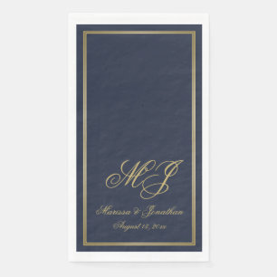 Elegant Navy Blue Gold Monogram Script Wedding Napkin