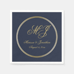 Elegant Navy Blue Gold Monogram Script Wedding Napkin