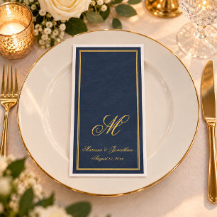 Elegant Navy Blue Gold Monogram Script Wedding Napkin