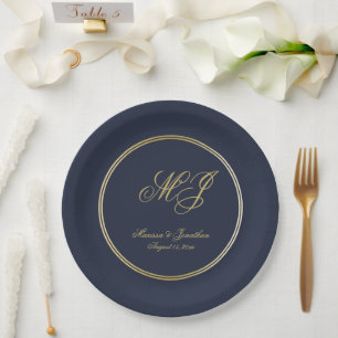 Elegant Navy Blue Gold Monogram Script Wedding Paper Plate