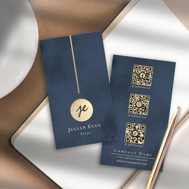 Elegant Navy Blue & Gold Monogram Social Media Business Card (Elegant Navy Blue & Gold Monogram Social Media Business Card)