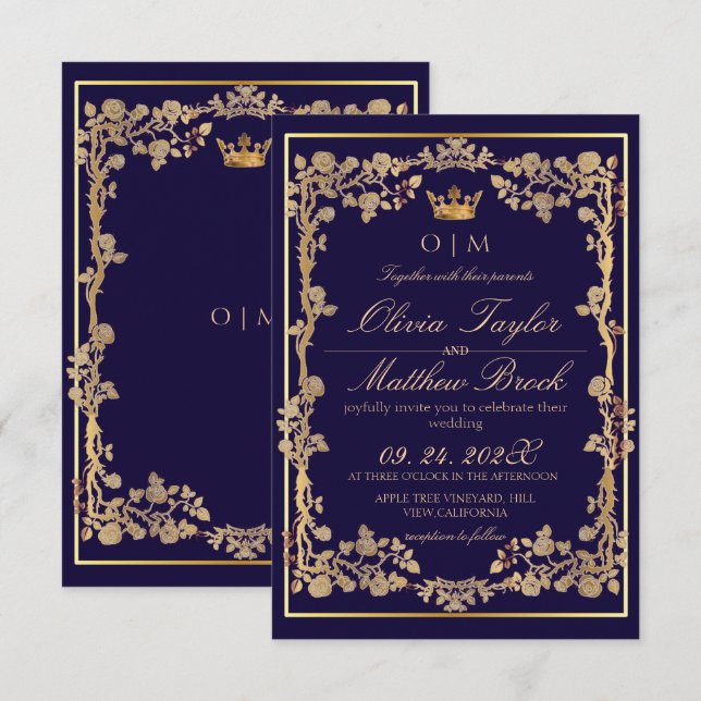 Elegant Navy Blue & Gold Ornate Frame Wedding  Invitation (Front/Back)