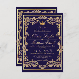 Elegant Navy Blue & Gold Ornate Frame Wedding  Invitation