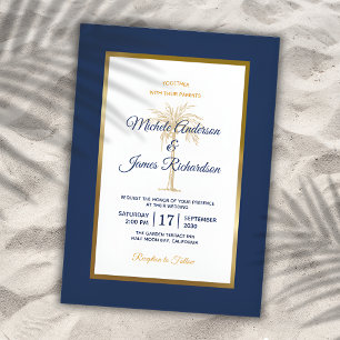 Elegant Navy Blue Gold Palm Tree Modern Wedding Invitation