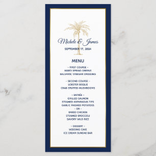Elegant Navy Blue Gold Palm Tree Modern Wedding Menu