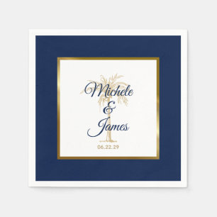 Elegant Navy Blue Gold Palm Tree Modern Wedding Napkin