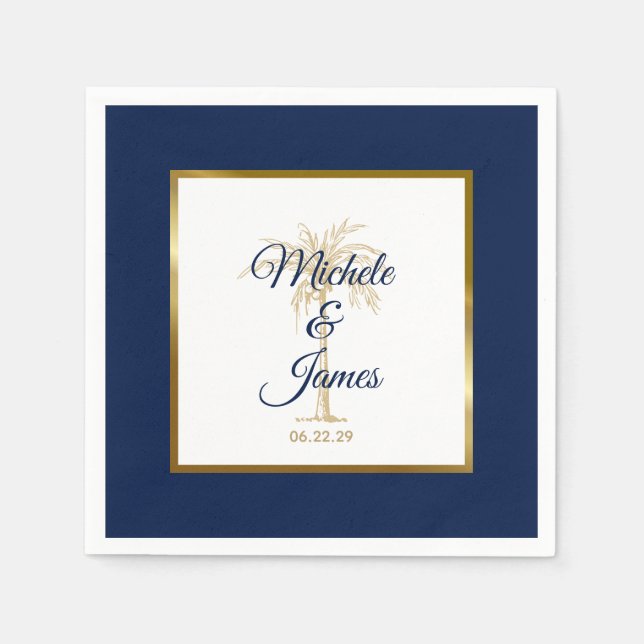 Elegant Navy Blue Gold Palm Tree Modern Wedding Napkin (Front)