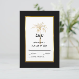 Elegant Navy Blue Gold Palm Tree Modern Wedding RSVP Card