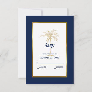 Elegant Navy Blue Gold Palm Tree Modern Wedding RSVP Card