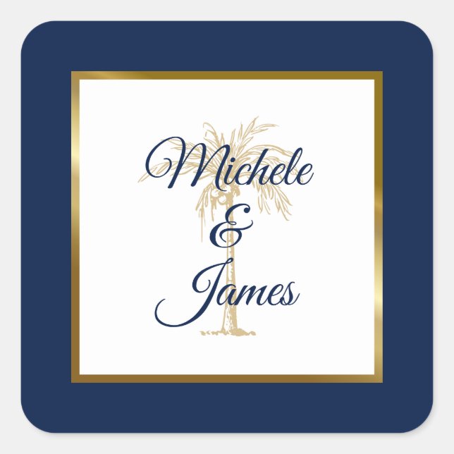 Elegant Navy Blue Gold Palm Tree Modern Wedding Square Sticker (Front)