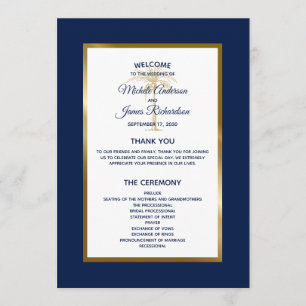 Elegant Navy Blue Gold Palm Tree Tropical Wedding Programme