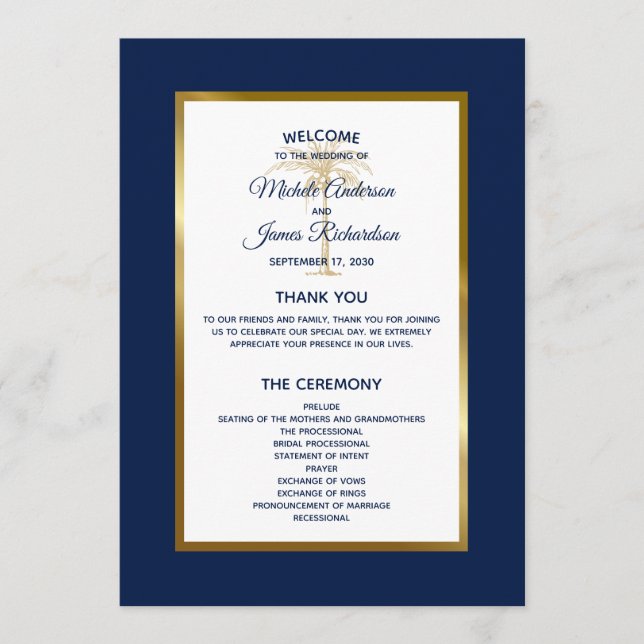 Elegant Navy Blue Gold Palm Tree Tropical Wedding Programme (Front)