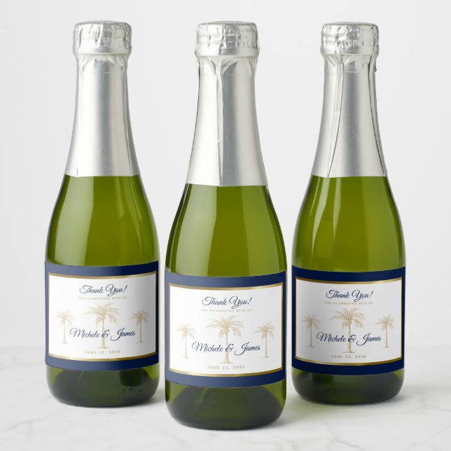 Elegant Navy Blue Gold Palm Tree Tropical Wedding Sparkling Wine Label (Bottles)
