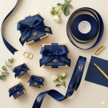 Elegant Navy Blue Gold Personalised Wedding Ribbon
