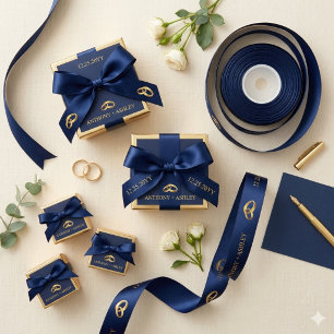 Elegant Navy Blue Gold Personalised Wedding Ribbon Satin Ribbon