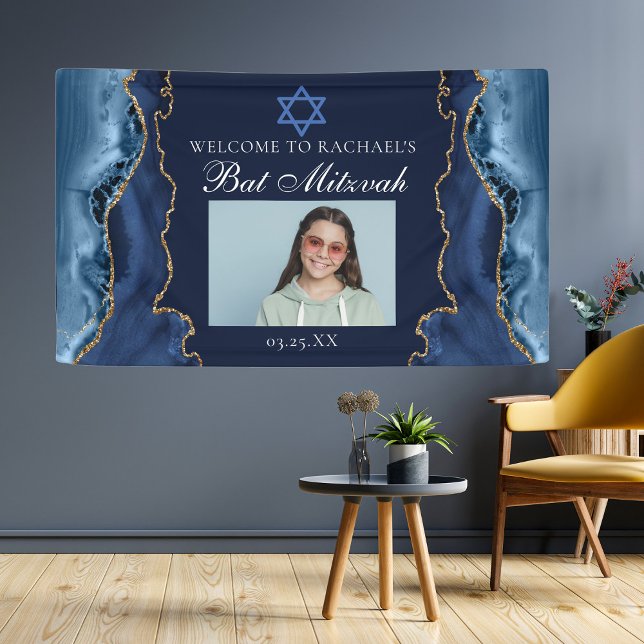 Elegant Navy Blue Gold Photo Bat Mitzvah Party Banner (Creator Uploaded)