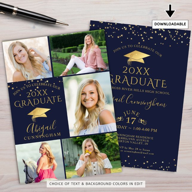 Elegant Navy Blue Gold Photo Collage Graduate Invitation (Creator Uploaded)