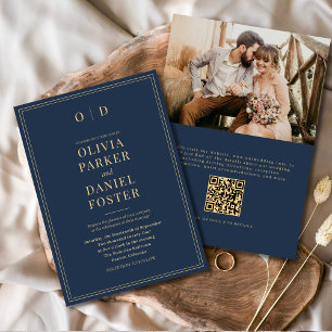 Elegant Navy Blue Gold Photo QR Code Wedding Invitation