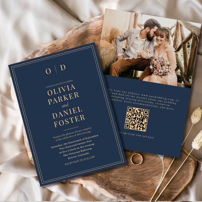 Elegant Navy Blue Gold Photo QR Code Wedding Invitation (Creator Uploaded)