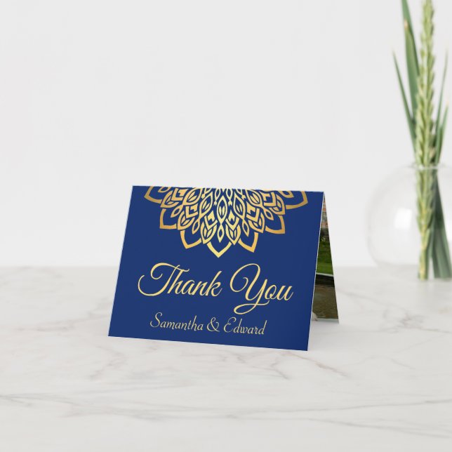 Elegant Navy Blue Gold Photo Wedding Thank You Card (Front)