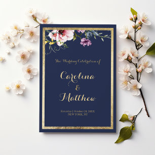 Elegant navy blue gold pink floral Program Programme