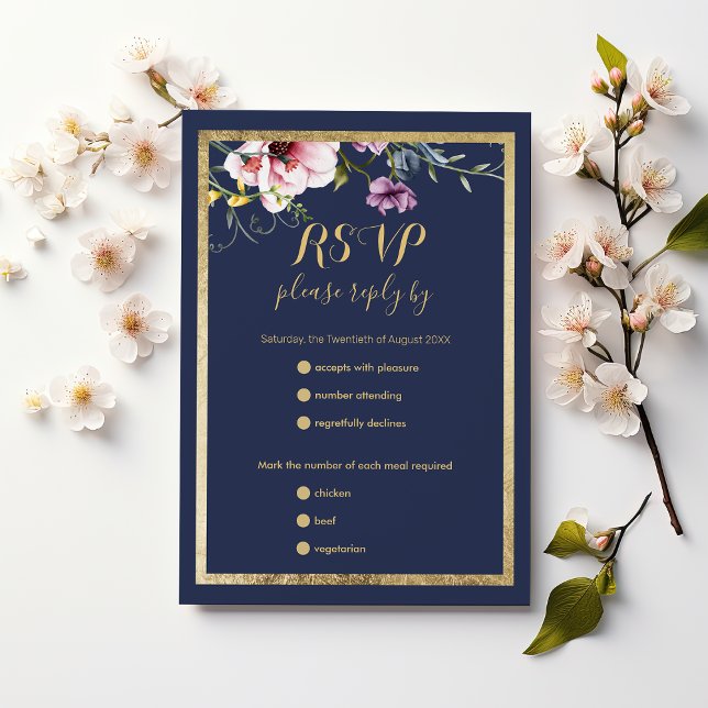 Elegant navy blue gold pink floral wedding RSVP Card (Elegant navy blue gold pink floral wedding RSVP )
