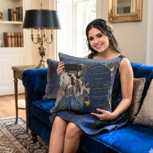 Elegant Navy Blue & Gold Quinceañera Photo Cushion