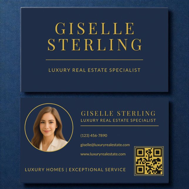 Elegant Navy Blue Gold Real Estate Agent QR Code Business Card (Creator Uploaded)