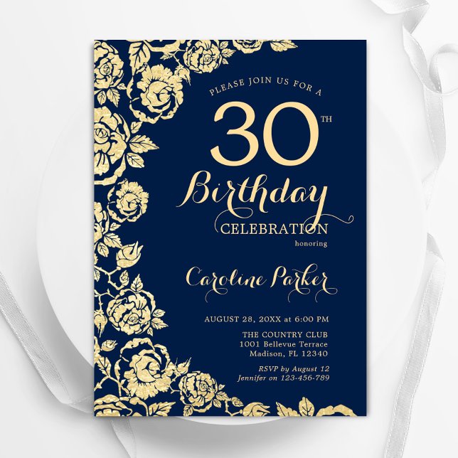 Elegant Navy Blue Gold Roses 30th Birthday Invitation (Creator Uploaded)
