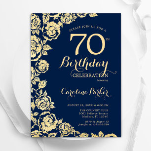 Elegant Navy Blue Gold Roses 70th Birthday Invitation