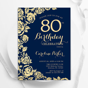 Elegant Navy Blue Gold Roses 80th Birthday Invitation