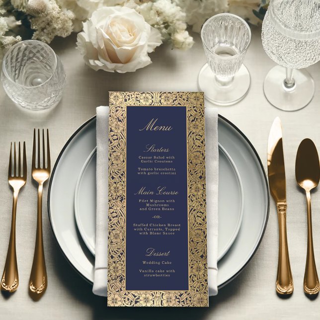 Elegant Navy Blue Gold Roses Vintage Wedding Menu (Creator Uploaded)