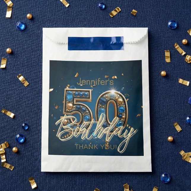 Elegant Navy Blue Gold Sapphire Gems 50th Birthday Favour Bags (Creator Uploaded)