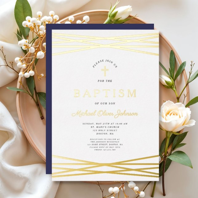 Elegant Navy Blue Gold Script Boy Baptism (Elegant Navy Blue Gold Script Boy Baptism Foil Invitation)