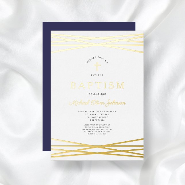 Elegant Navy Blue Gold Script Boy Baptism (Elegant Navy Blue Gold Script Boy Baptism Foil Invitation)