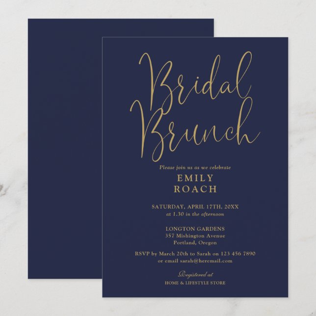 Elegant Navy Blue Gold Script Bridal Bunch Shower Invitation (Front/Back)