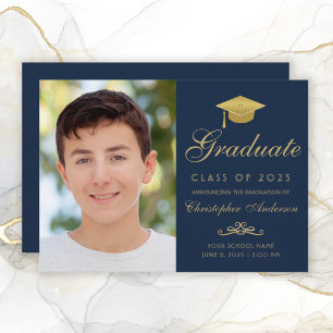 Elegant Navy Blue Gold Script Cap Photo Graduation Announcement