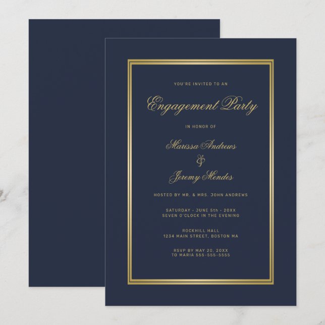 Elegant Navy Blue Gold Script Engagement Party Invitation (Front/Back)