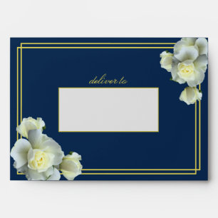 Elegant Navy Blue Gold Script Frame White Rose Envelope