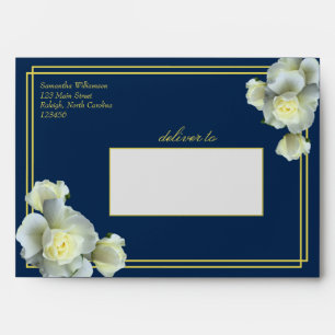 Elegant Navy Blue Gold Script Frame White Rose Envelope