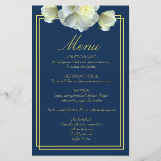 Elegant Navy Blue Gold Script Menu Photo Info Card (Front)