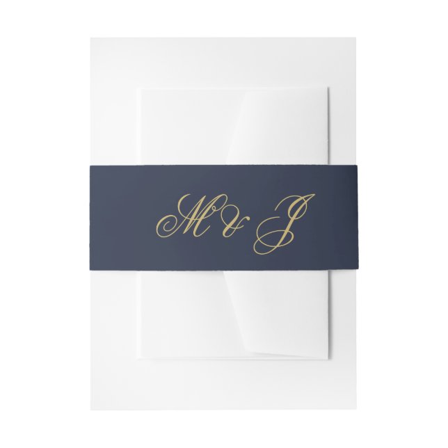 Elegant Navy Blue Gold Script Monogram Wedding Invitation Belly Band (Front Example)