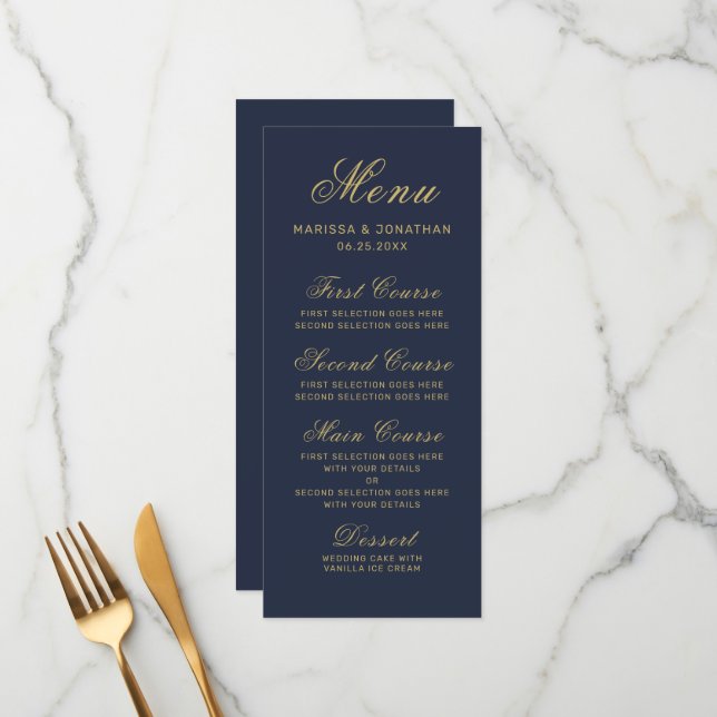 Elegant Navy Blue Gold Script Wedding Menu (Front/Back In Situ)