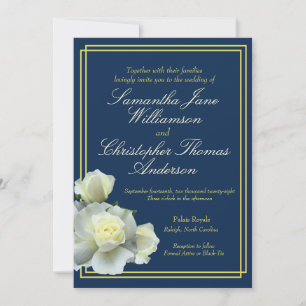 Elegant Navy Blue Gold Script White Rose Wedding  Invitation
