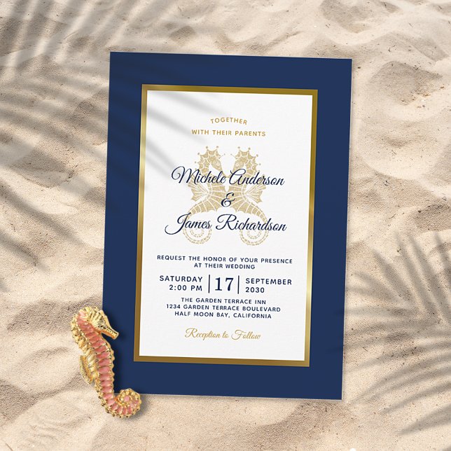 Elegant Navy Blue Gold Seahorses Modern Wedding Invitation (Creator Uploaded)