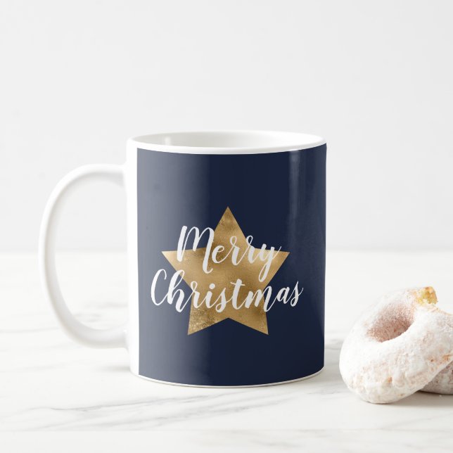 Elegant Navy Blue Gold Star Christmas Coffee Mug (With Donut)