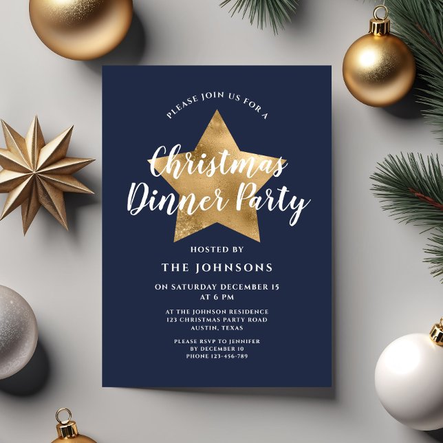 Elegant Navy Blue Gold Star Christmas Dinner Party Invitation (Elegant Navy Blue Gold Star Christmas Dinner Party Invitation)